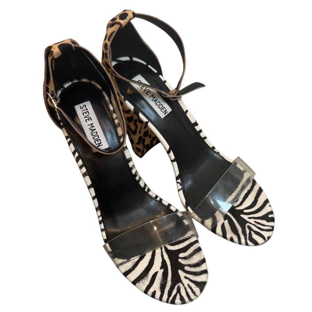 Steve Madden Animal Print Block Heel Sandals Zebra Leopard Clear Strap Womens
